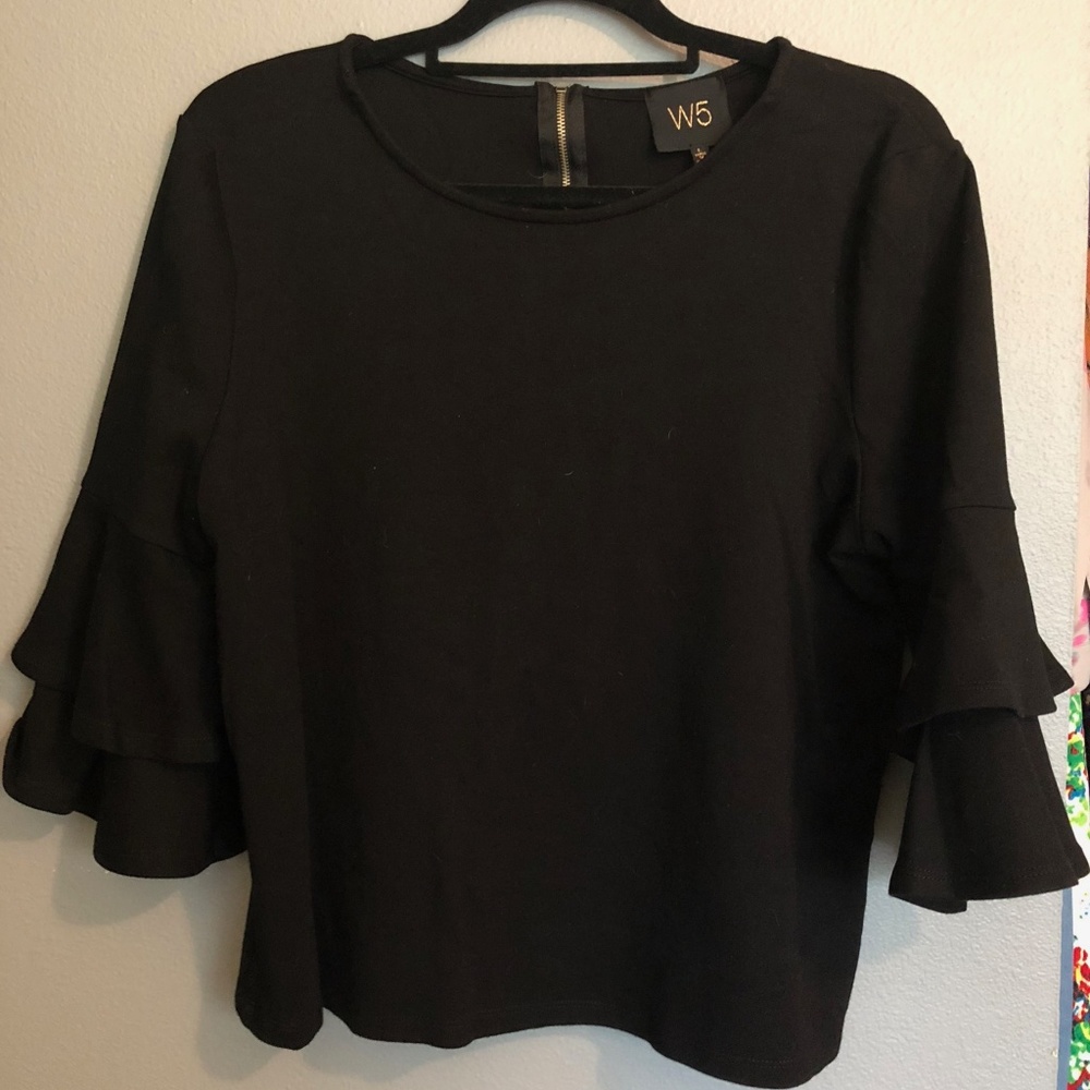 W5 Black Ruffled Bell Sleeve Womens Top Large